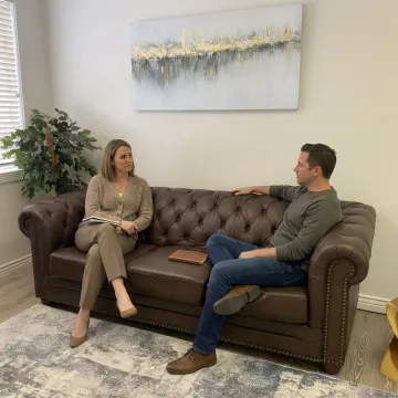Trauma therapist in a calm counseling office