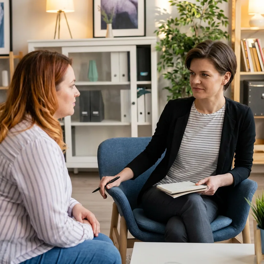 Private counseling session in a calm therapy office