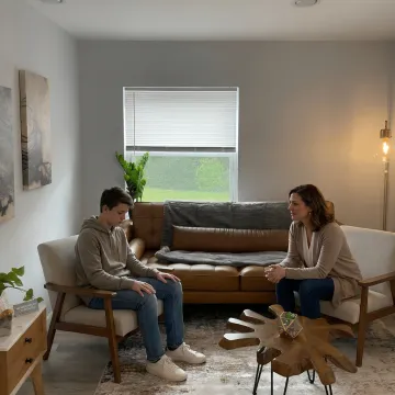 Teen speaking with counselor in a calm therapy office