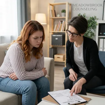 Counselor guiding teen through anxiety coping skills