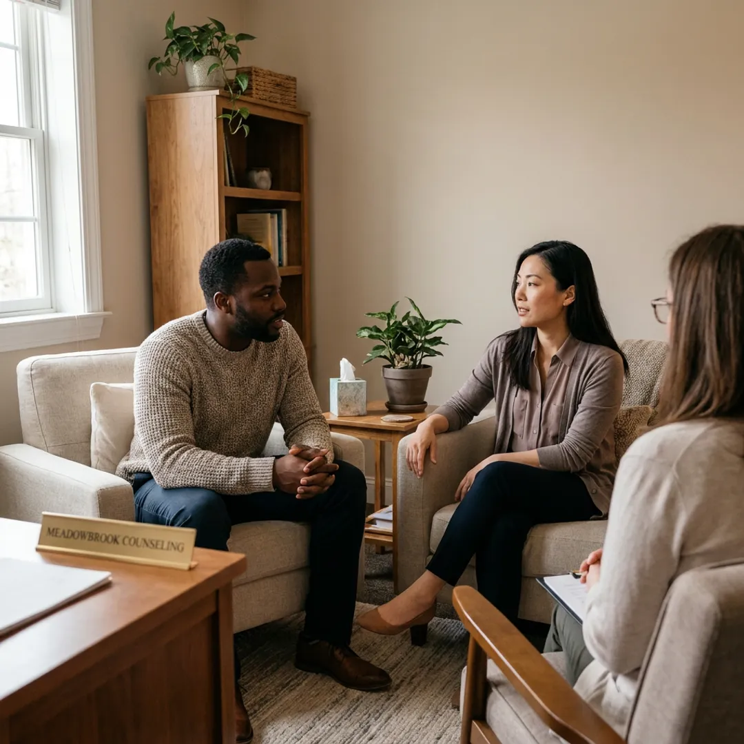 Couple speaking with therapist in a counseling office