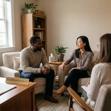 Couple speaking with therapist in a counseling office