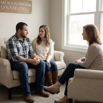 Couple in a calm therapy session with a counselor