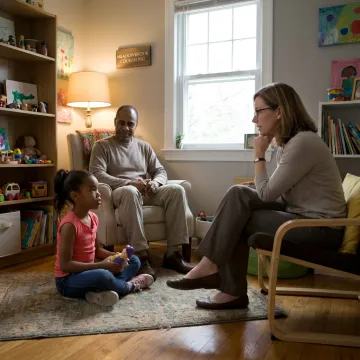 Child therapist speaking with parent and child