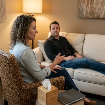 Trauma-informed therapist speaking with a client