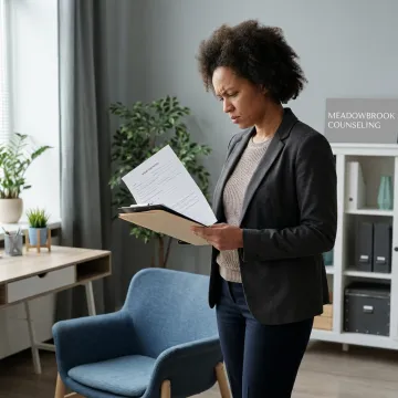 Therapist reviewing notes before a counseling session