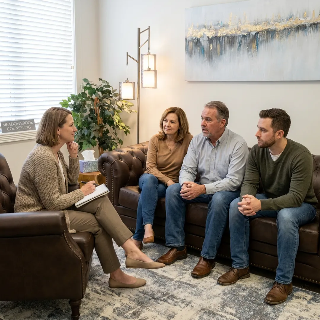 Therapist speaking with family in counseling session