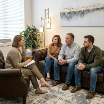 Therapist speaking with family in counseling session