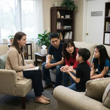 Counselor meeting with family in a warm therapy office