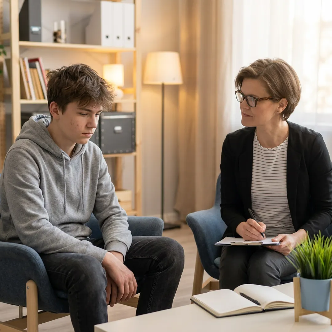 Teen counseling session in a calm therapy office