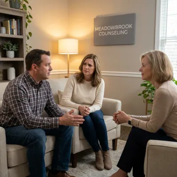 Couple speaking with a therapist in a calm counseling office