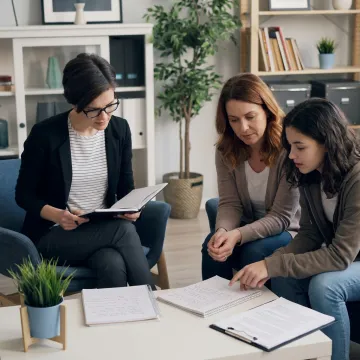 Therapist planning care with parent and teen