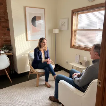 Therapist and client speaking in a welcoming counseling office