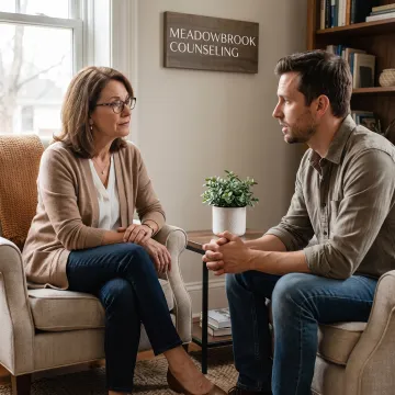 Client and therapist speaking in a calm office