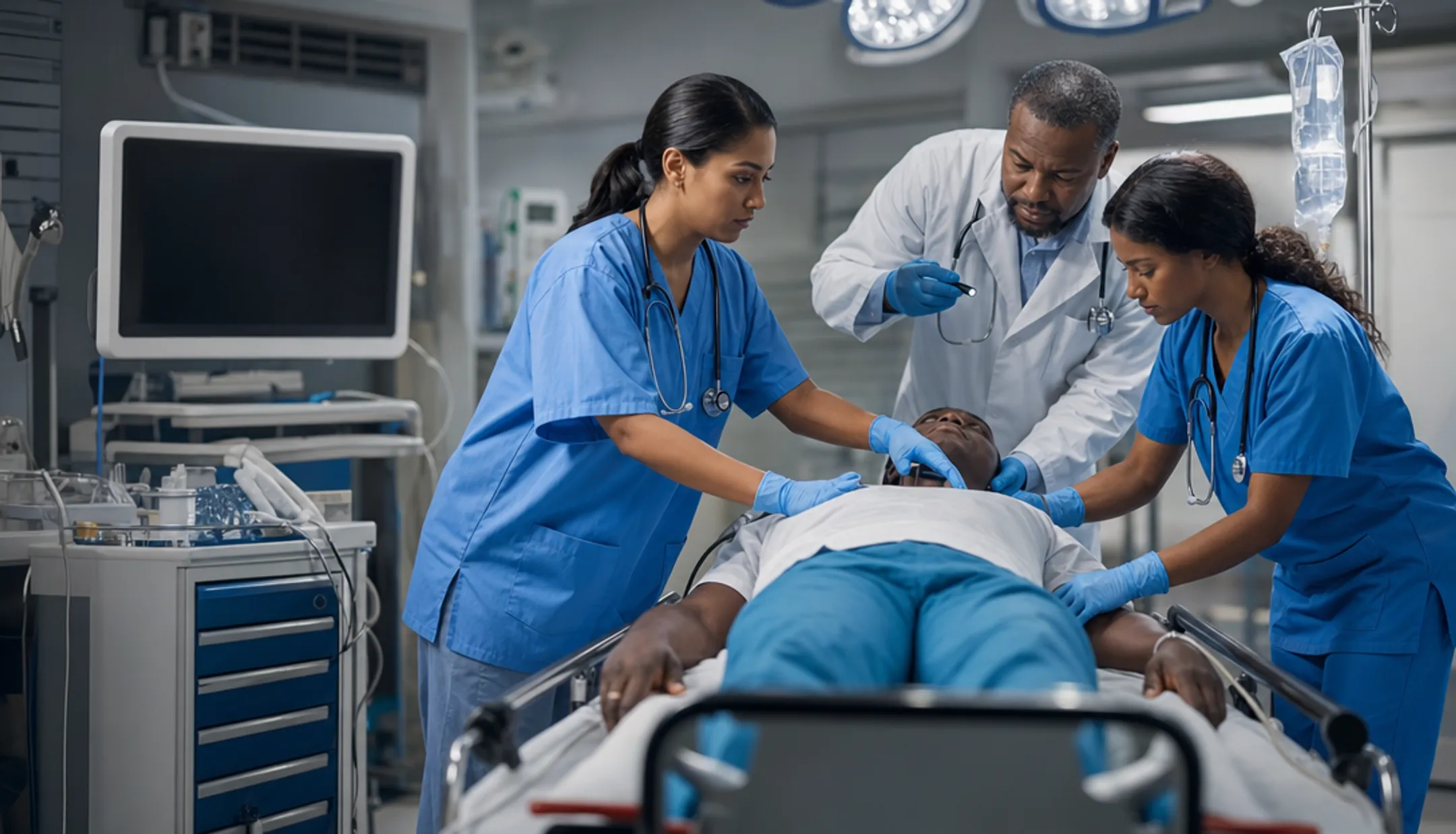 Emergency department clinicians evaluating patient with urgent symptoms