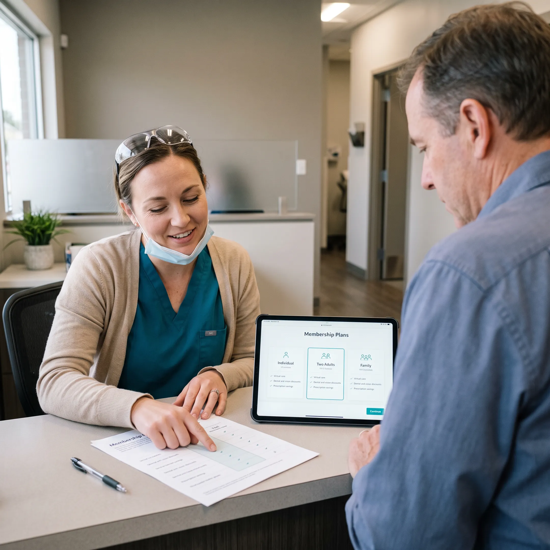 Adult patient reviewing dental membership savings with a healthcare representative