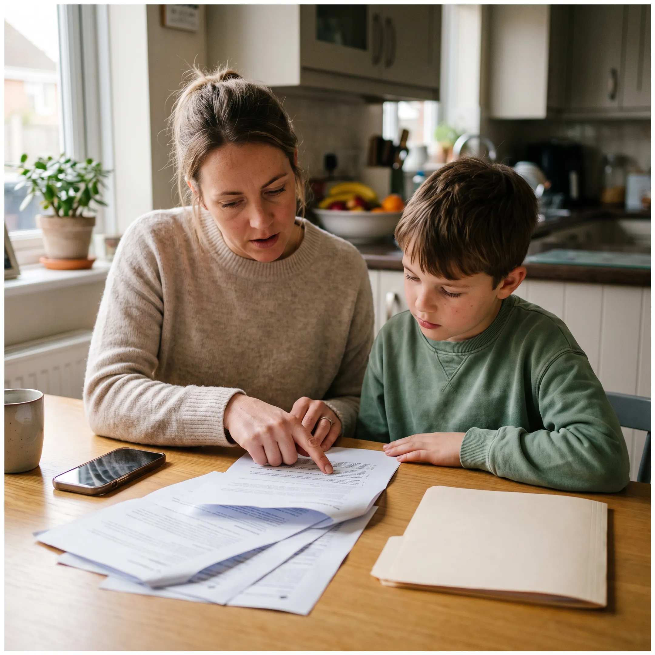 Parent and child discussing dental membership benefits at home