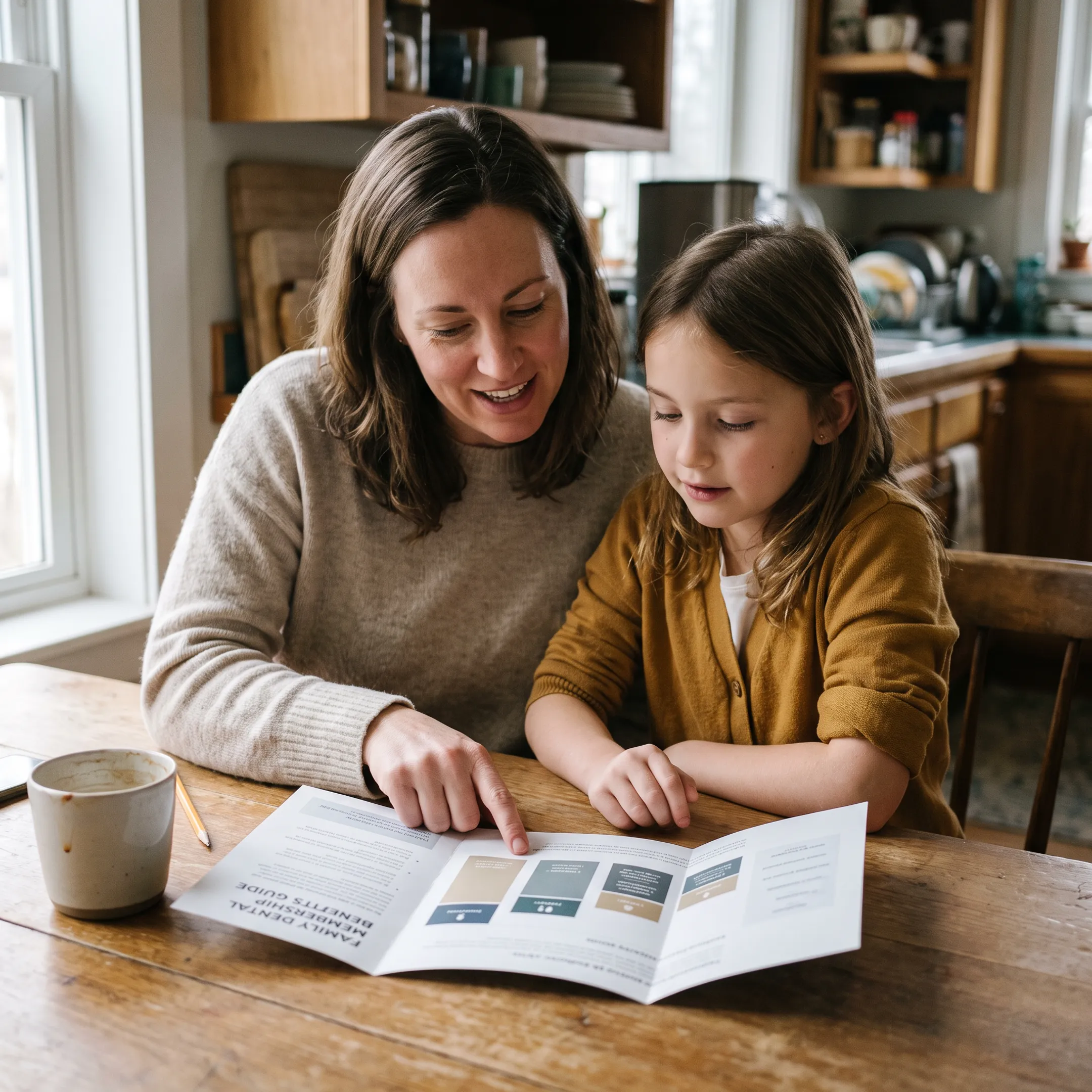 Parent and child reviewing affordable dental care information