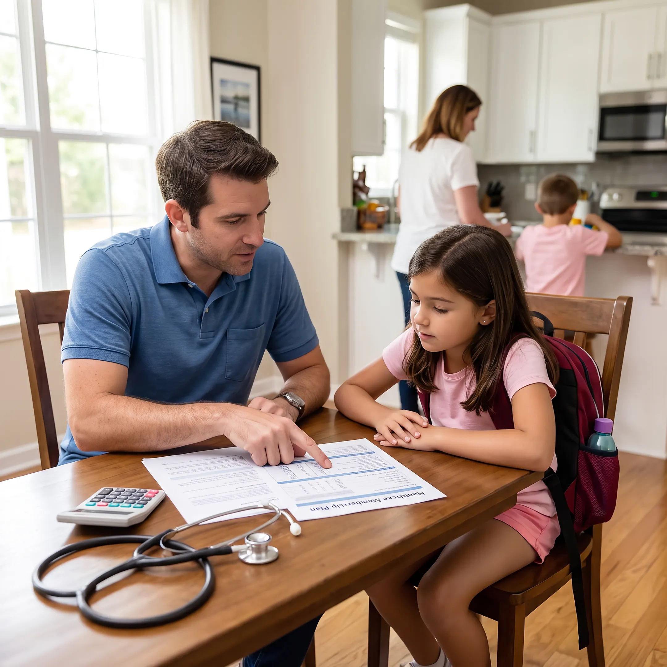 Parent reviewing children’s dental membership information at home