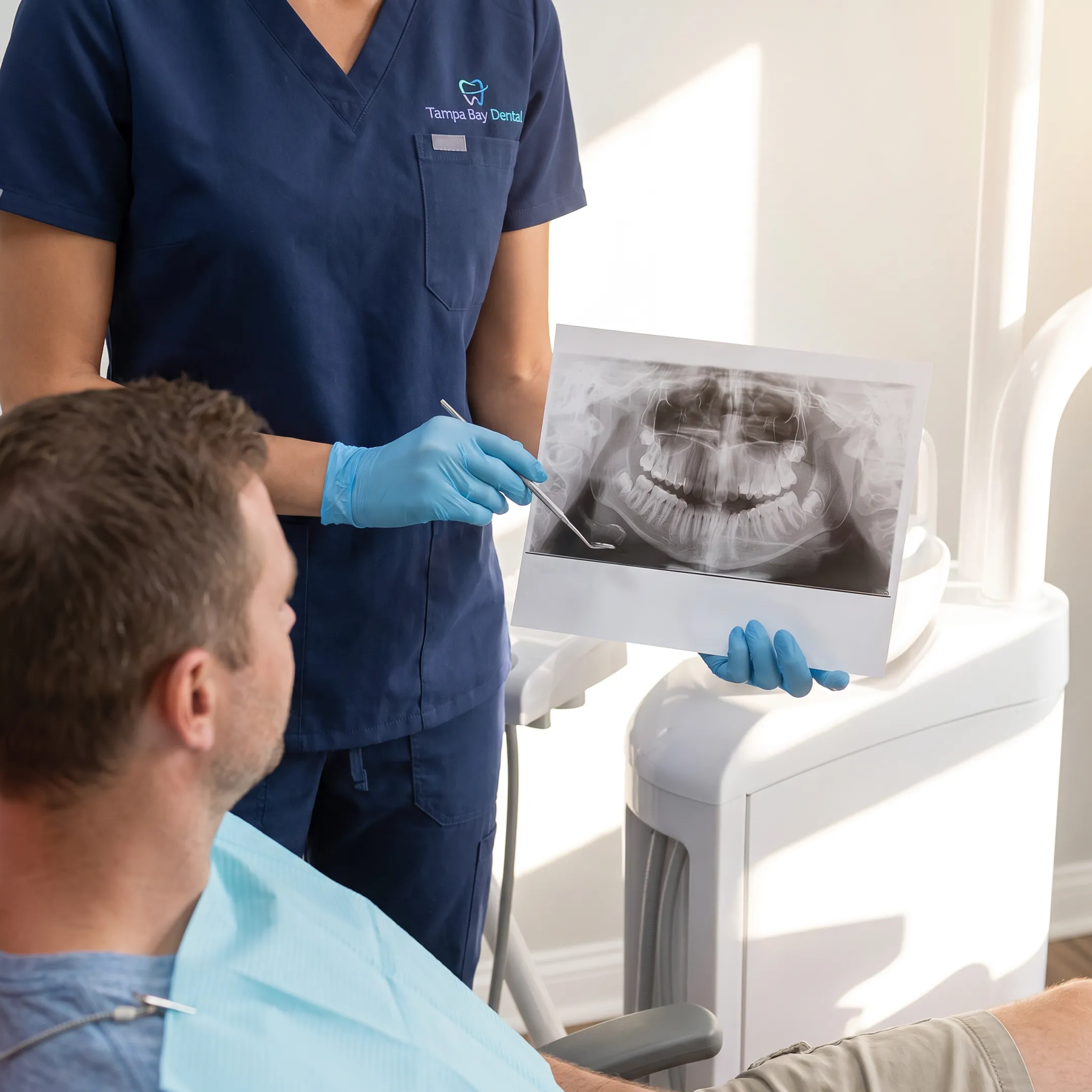 Dental hygienist discussing routine oral care with a patient before a cleaning