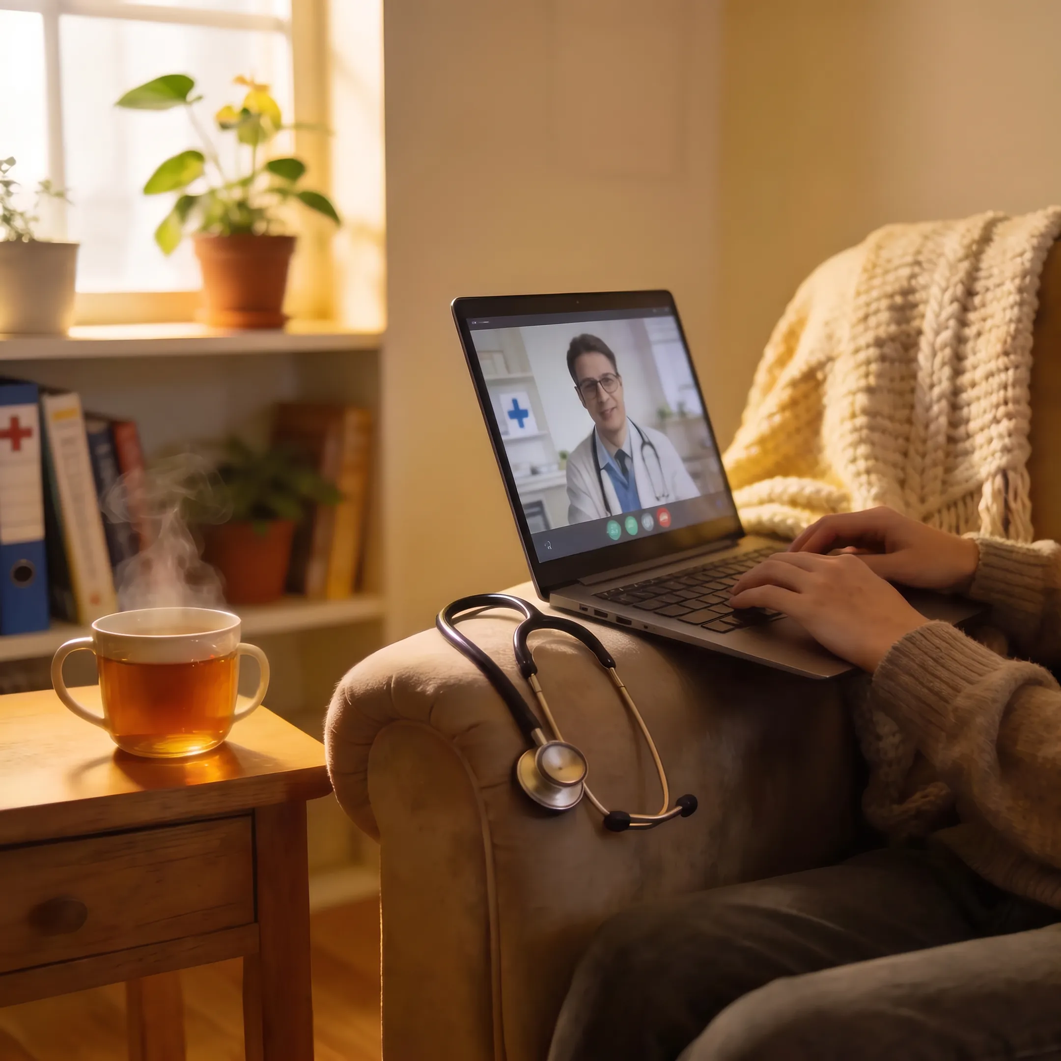 Patient speaking with a virtual primary care physician from home