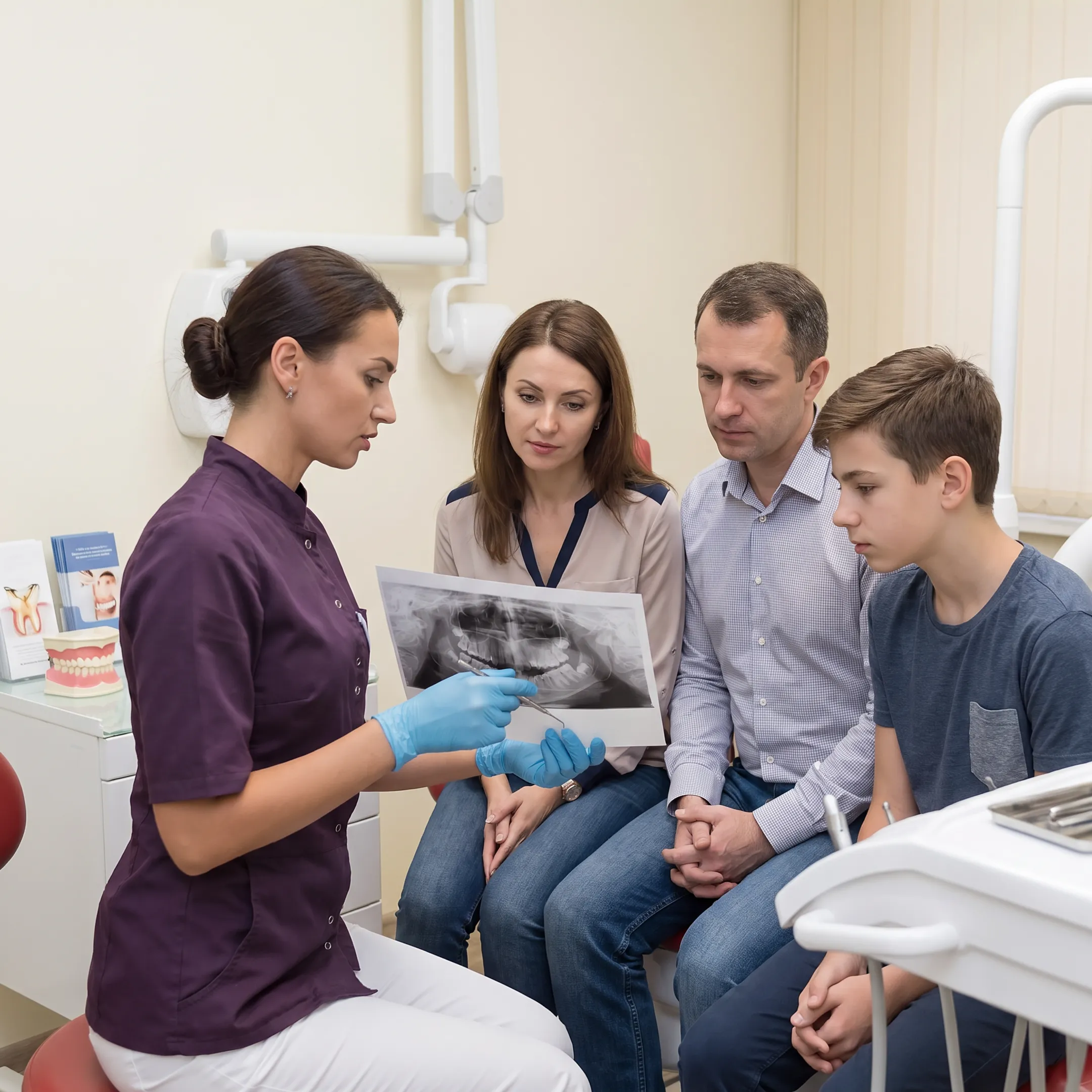 Parent and child discussing dental care with a dentist
