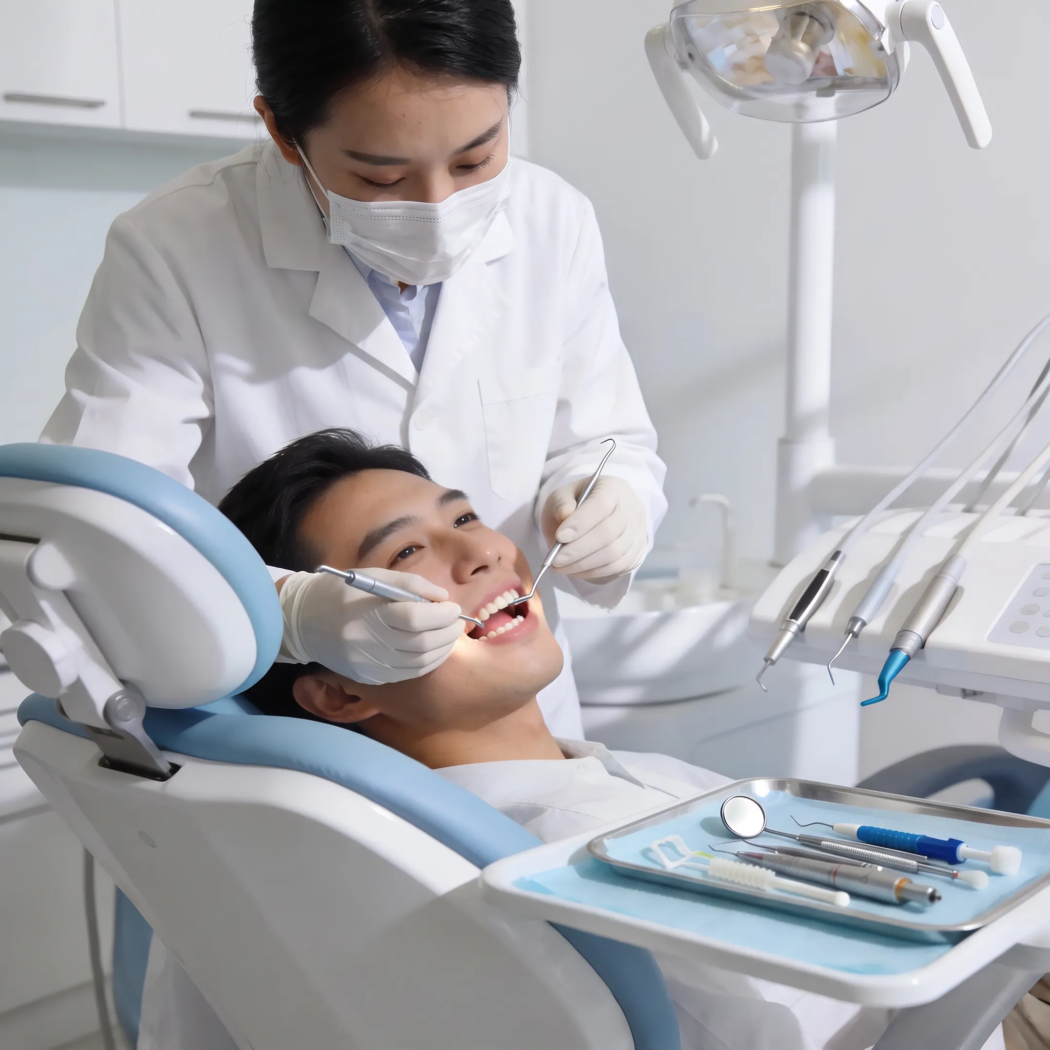 Patient receiving a routine dental cleaning from a dentist in a clean California clinic