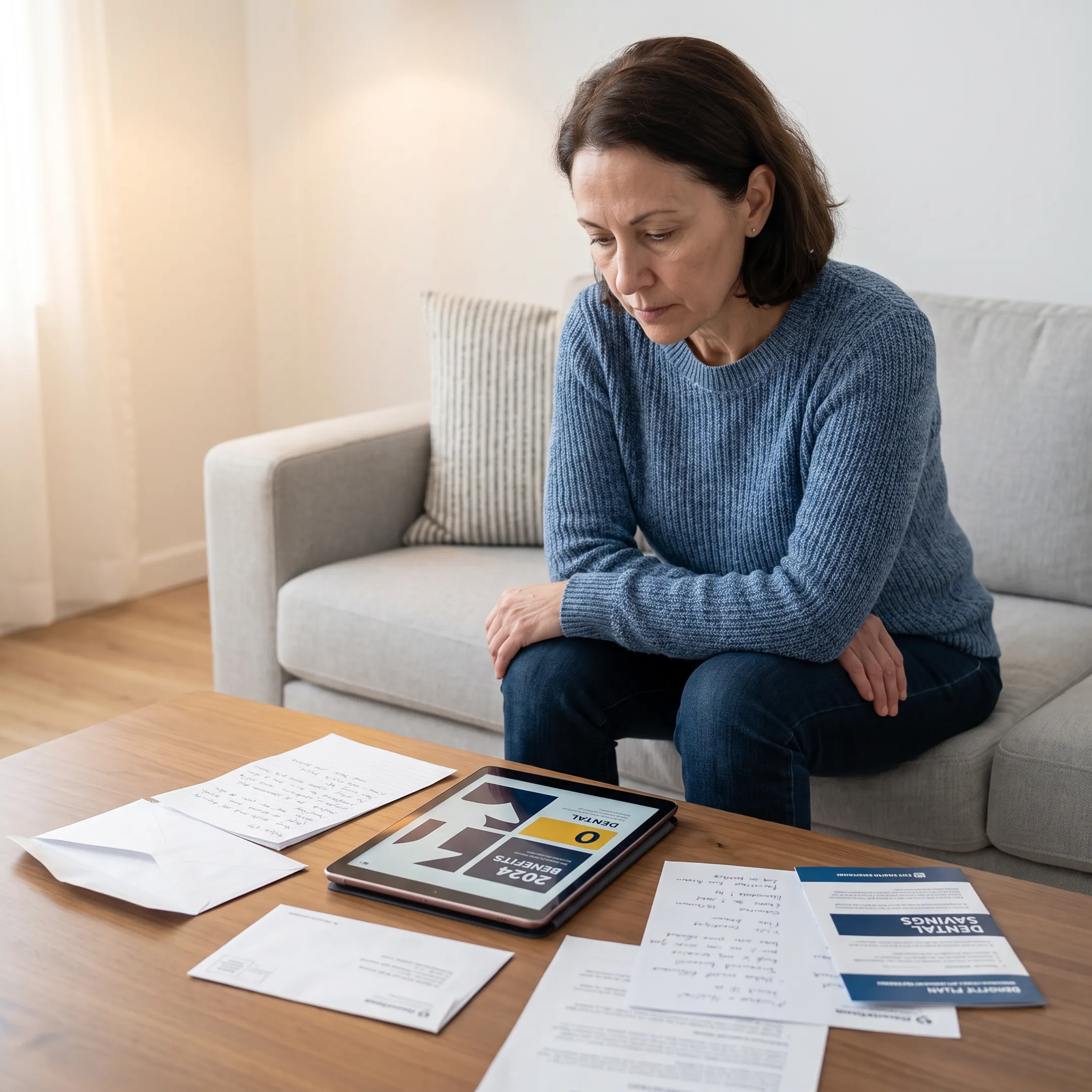 Patient reviewing dental membership savings at home