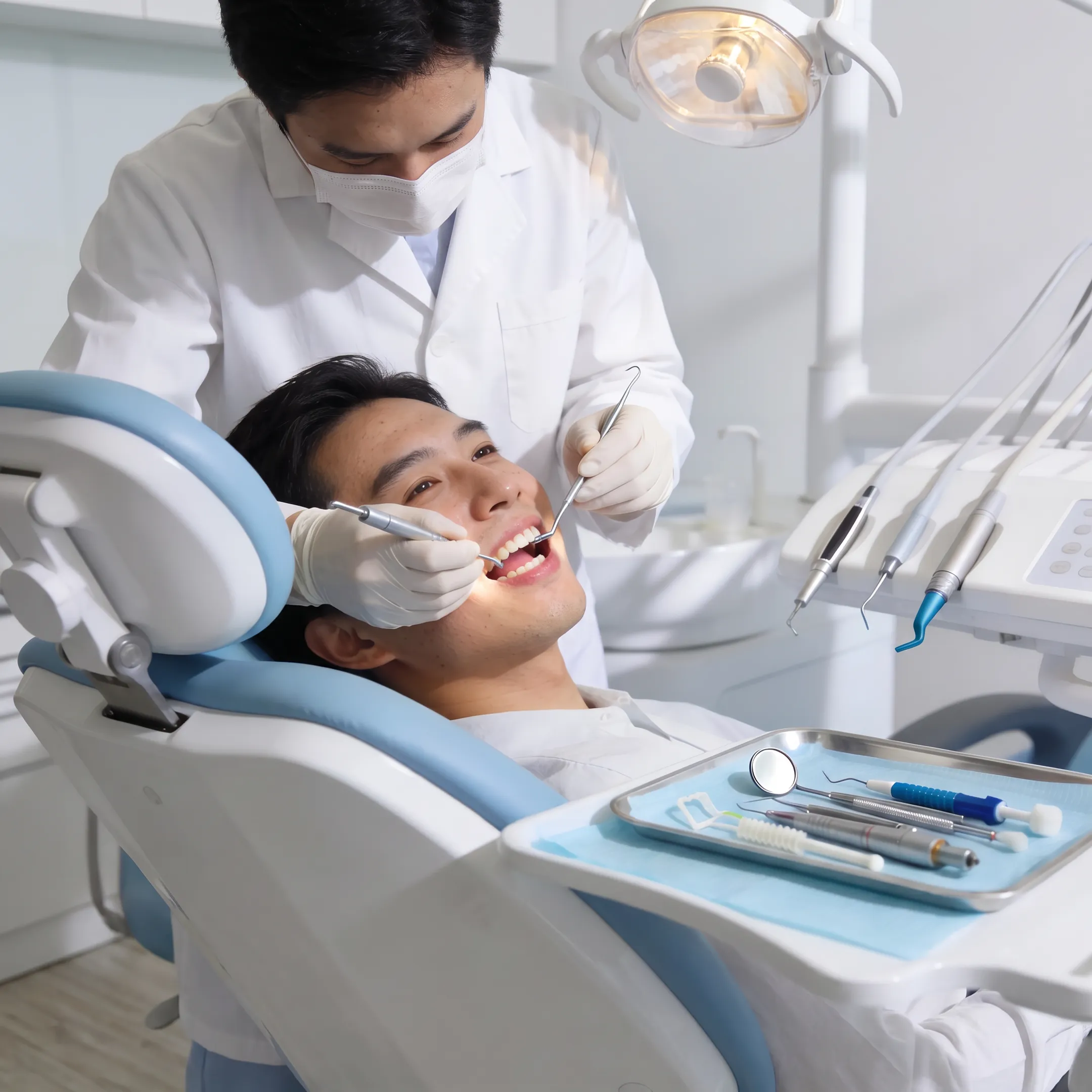 Patient receiving a routine dental cleaning from a dentist