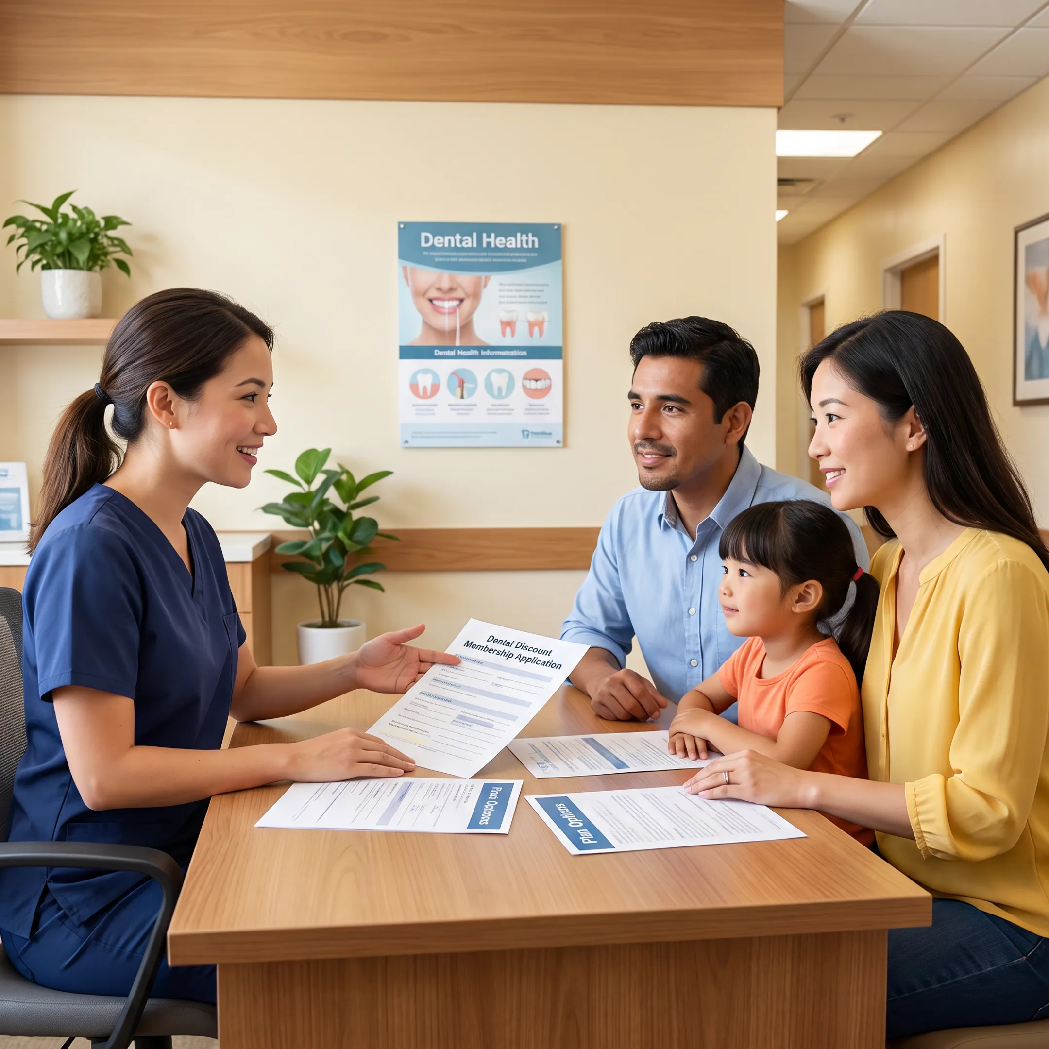 Family discussing dental savings and healthcare membership benefits