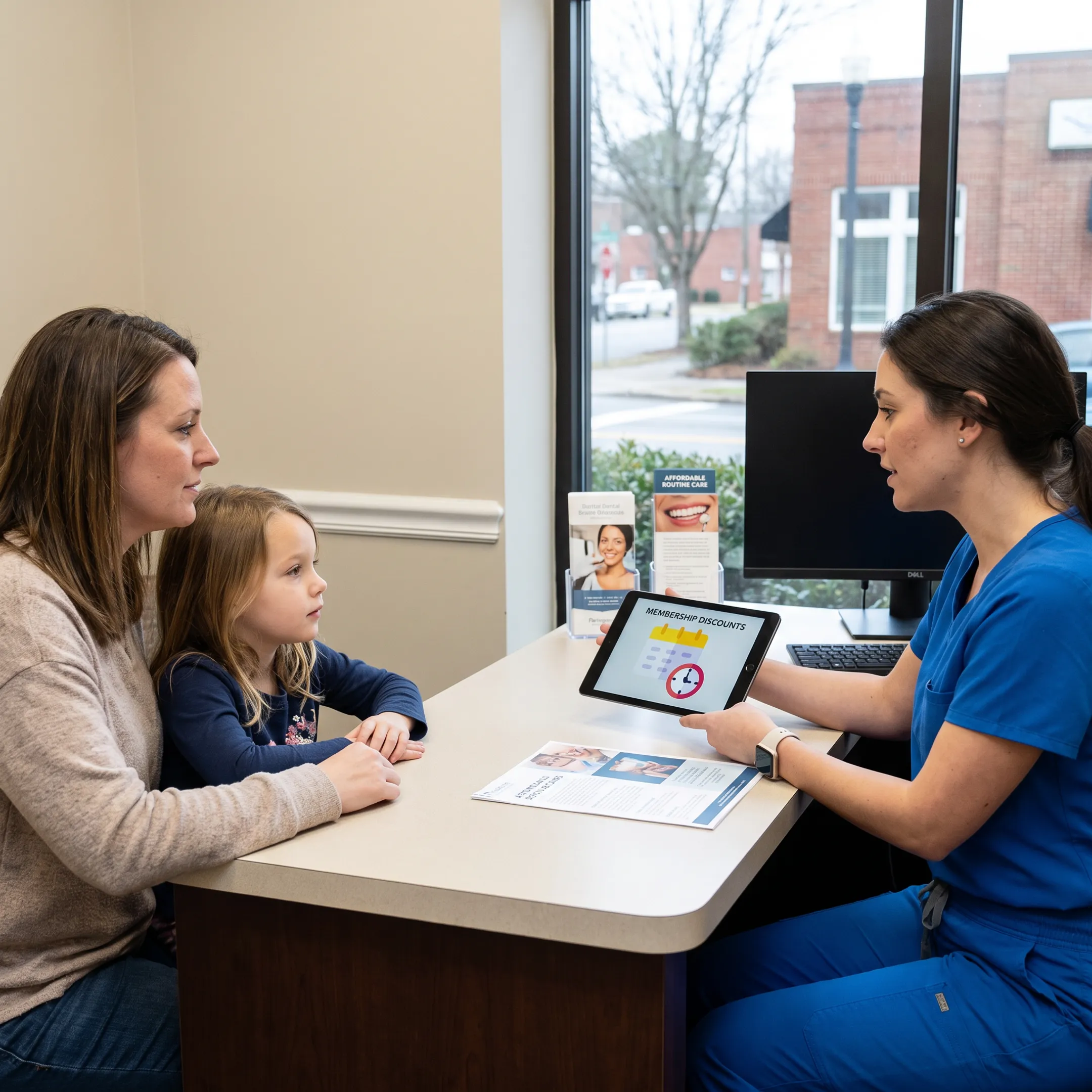 Parent and child discussing dental savings options