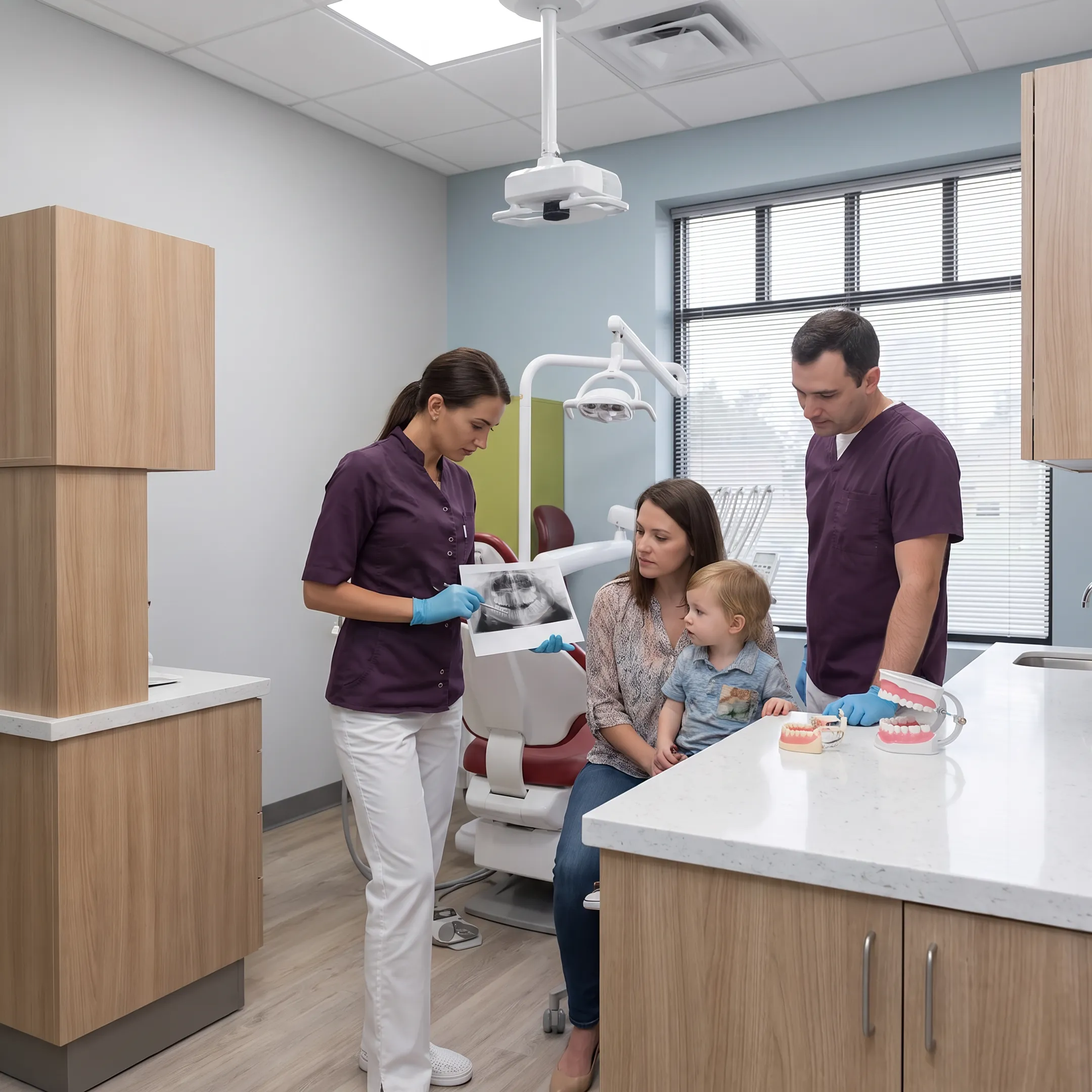 Dentist reviewing dental care options with a family
