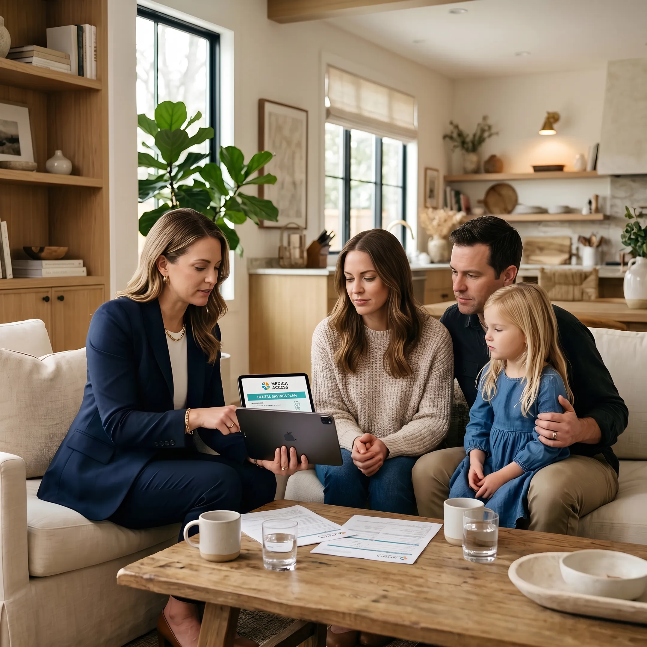 Parent and child discussing dental care savings at home