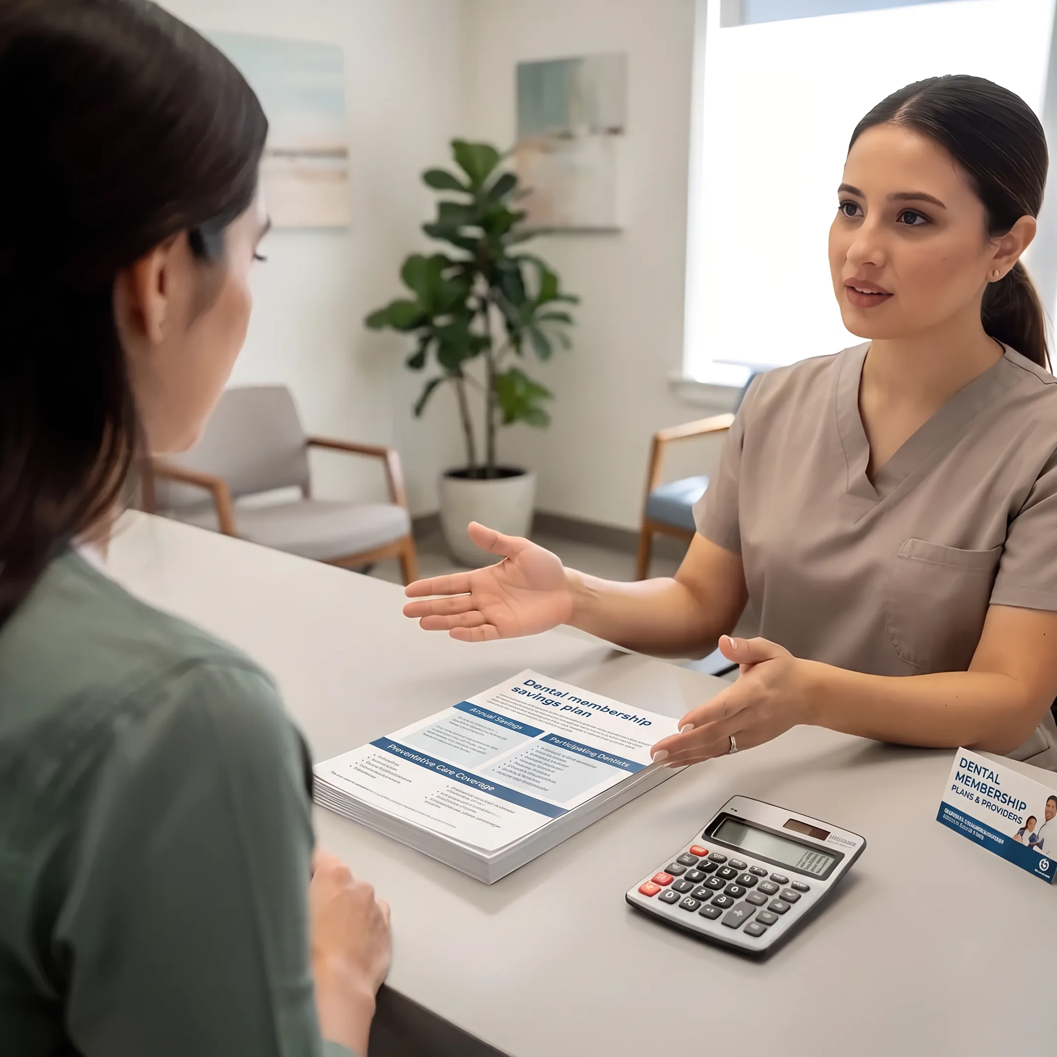 Adult patient reviewing dental membership savings with a healthcare representative