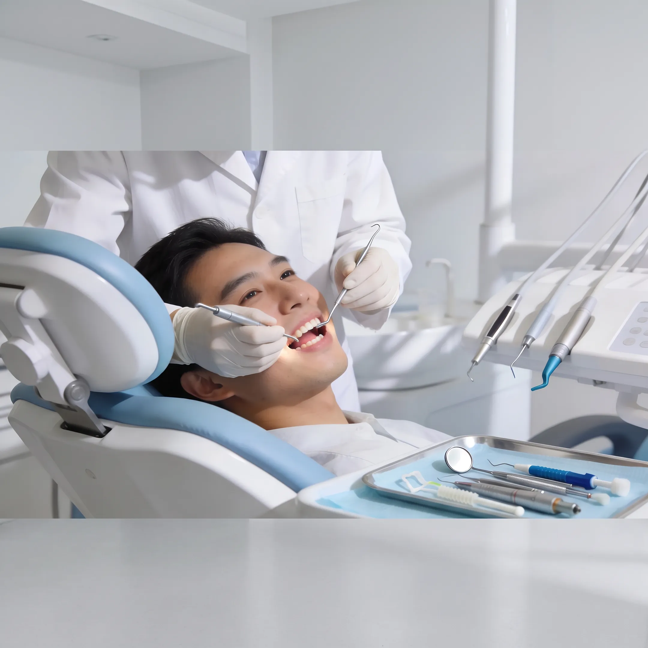 Patient receiving a routine dental cleaning from a dental professional