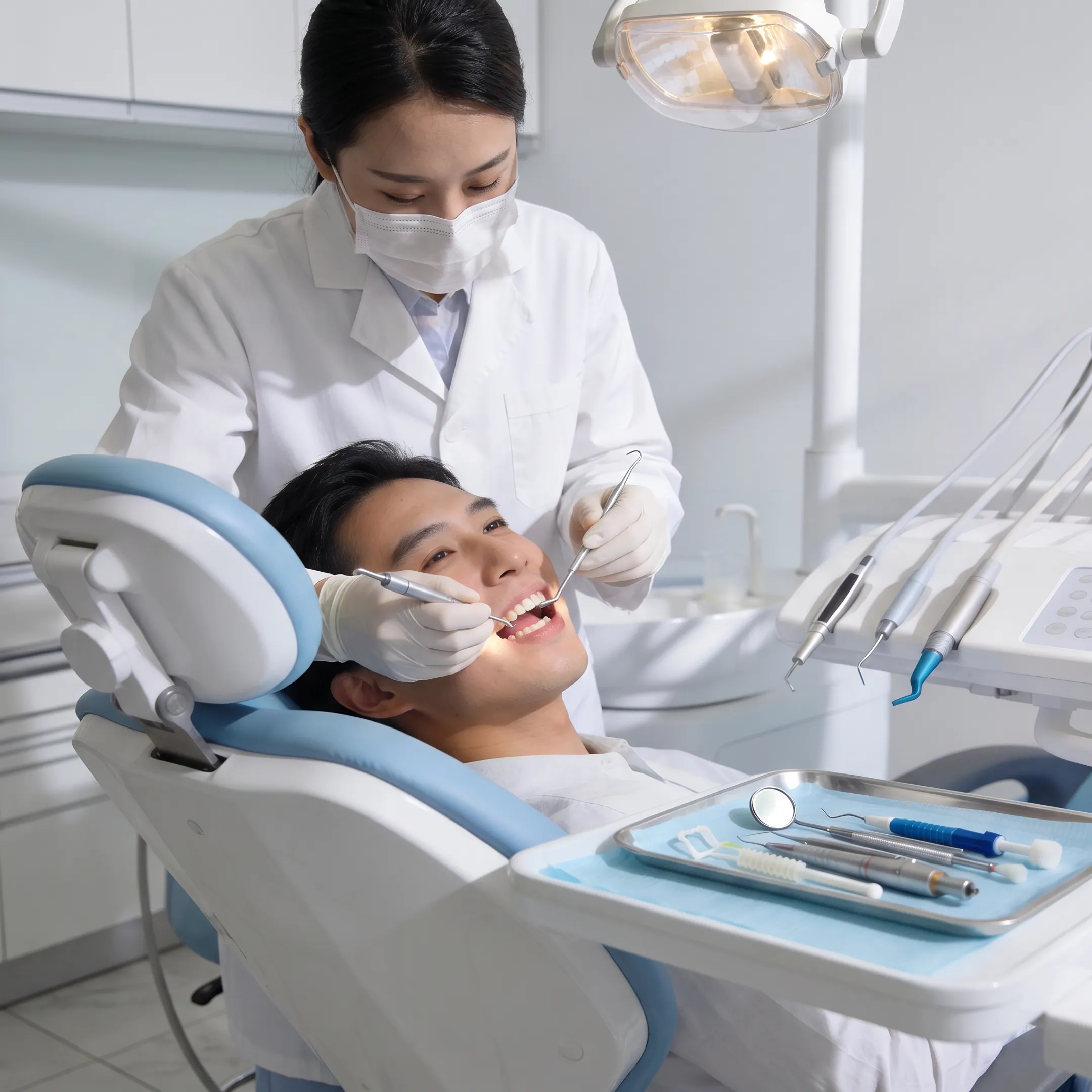 Patient receiving a routine dental cleaning from a dental professional