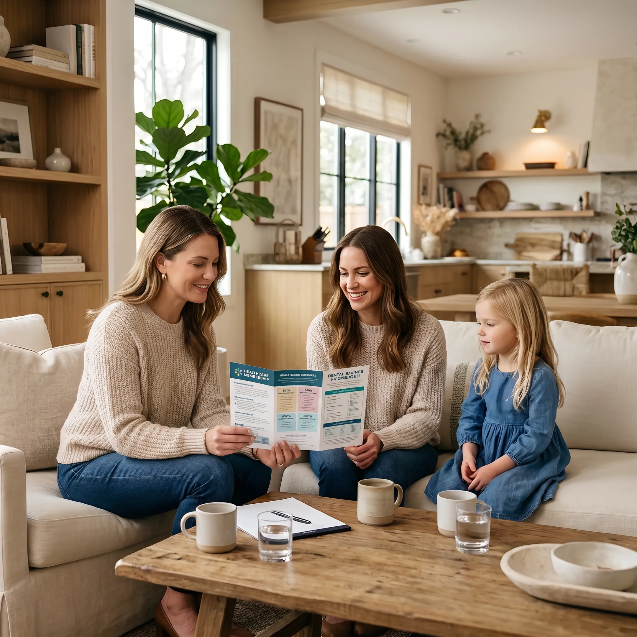 Parent and child reviewing dental membership savings at home