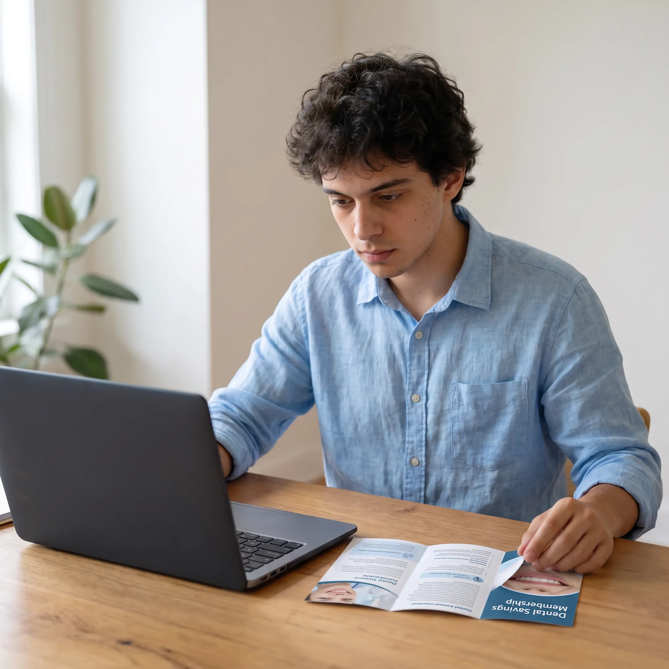 Patient reviewing dental membership savings information at home