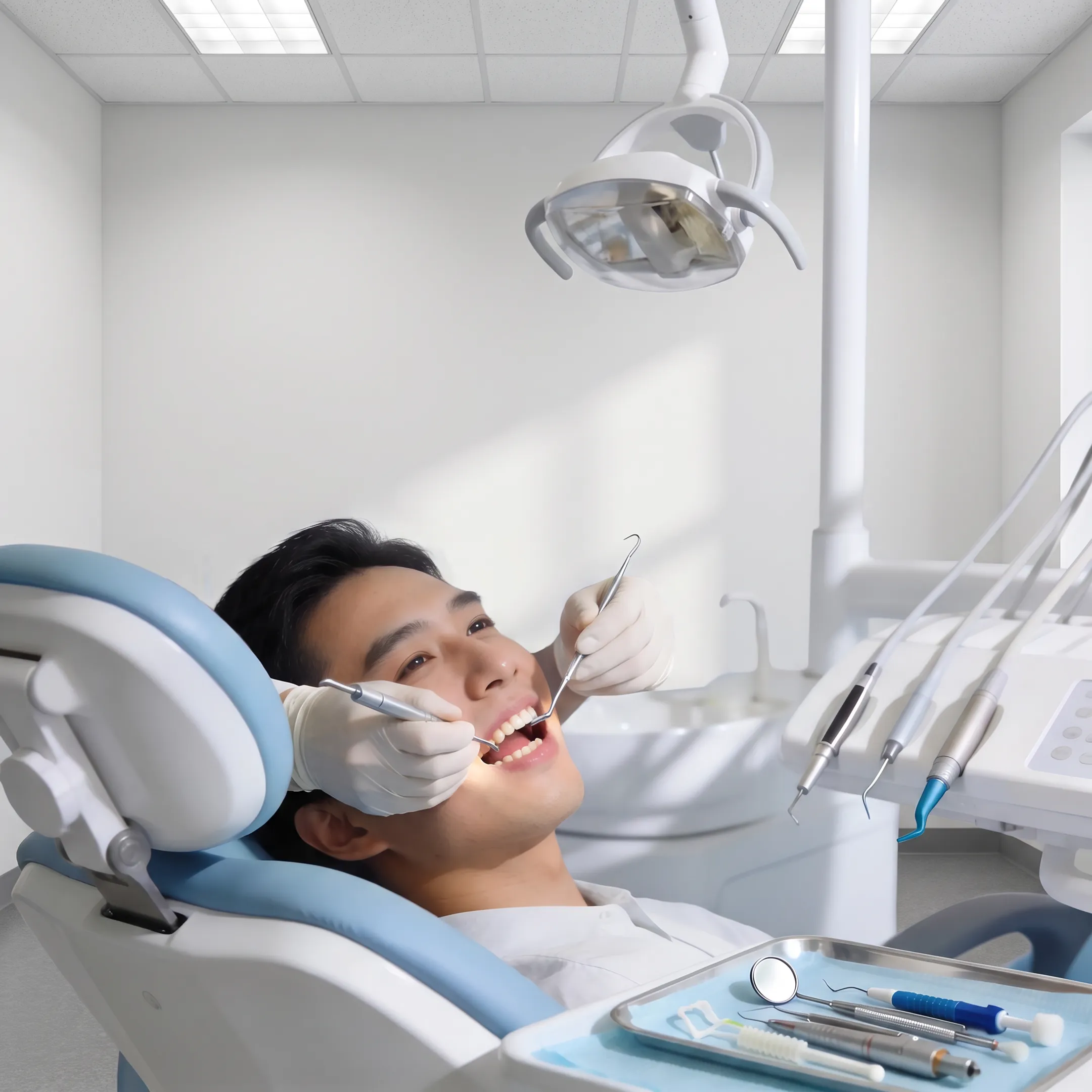 Patient receiving a dental cleaning from a dentist