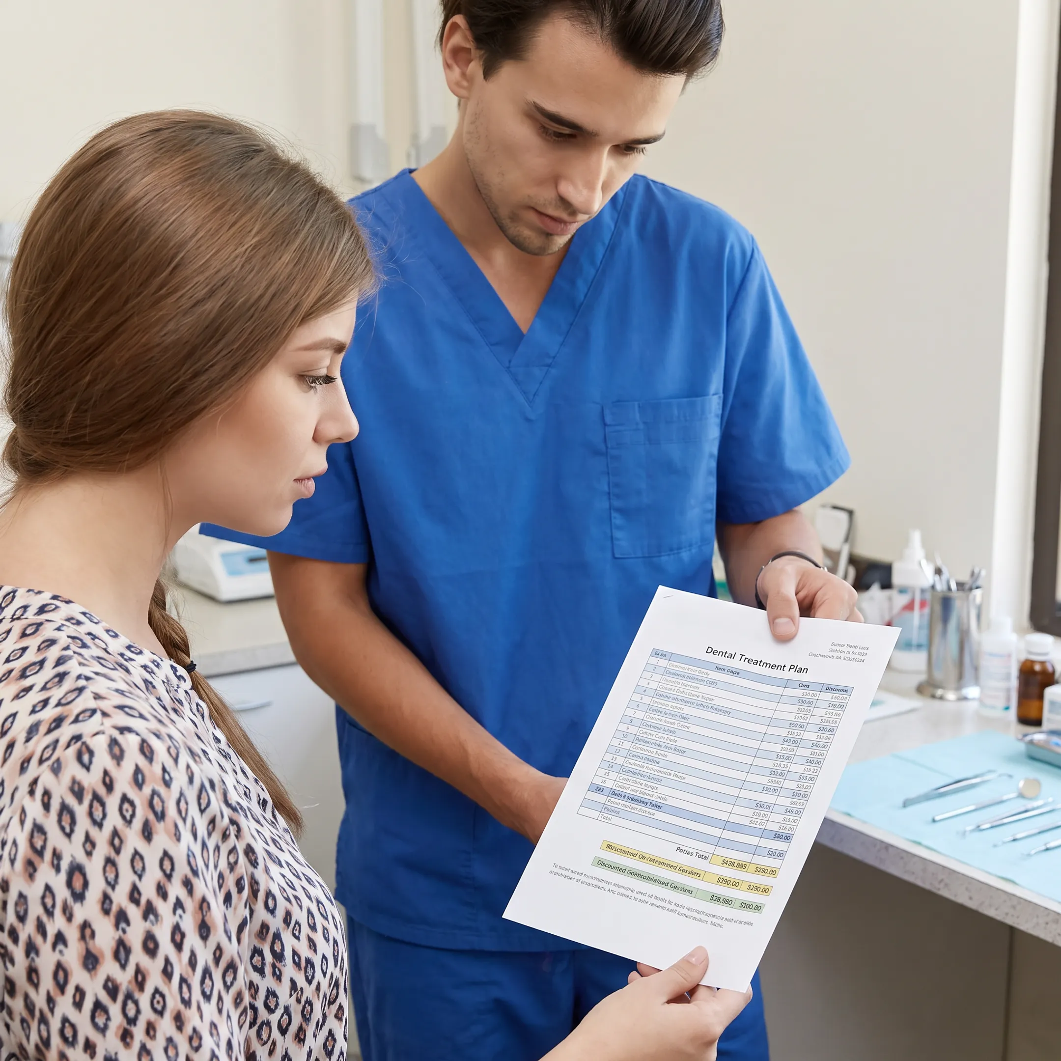 Dentist reviewing a treatment plan and pricing details with a patient
