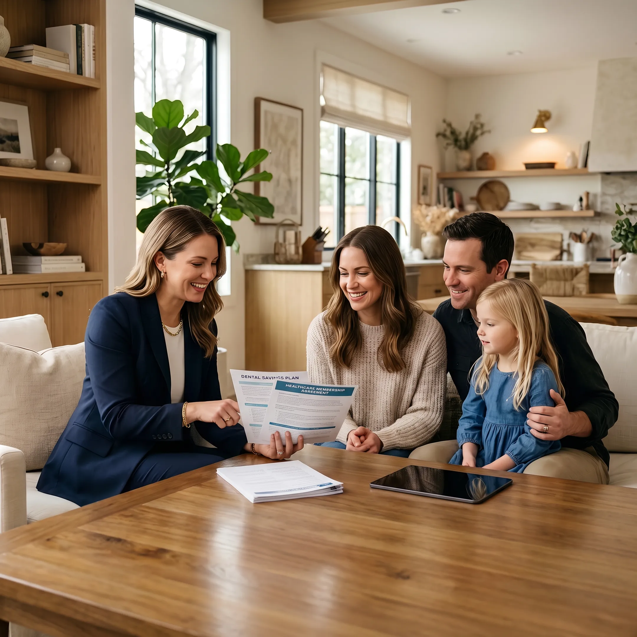 Family discussing dental savings and healthcare membership options
