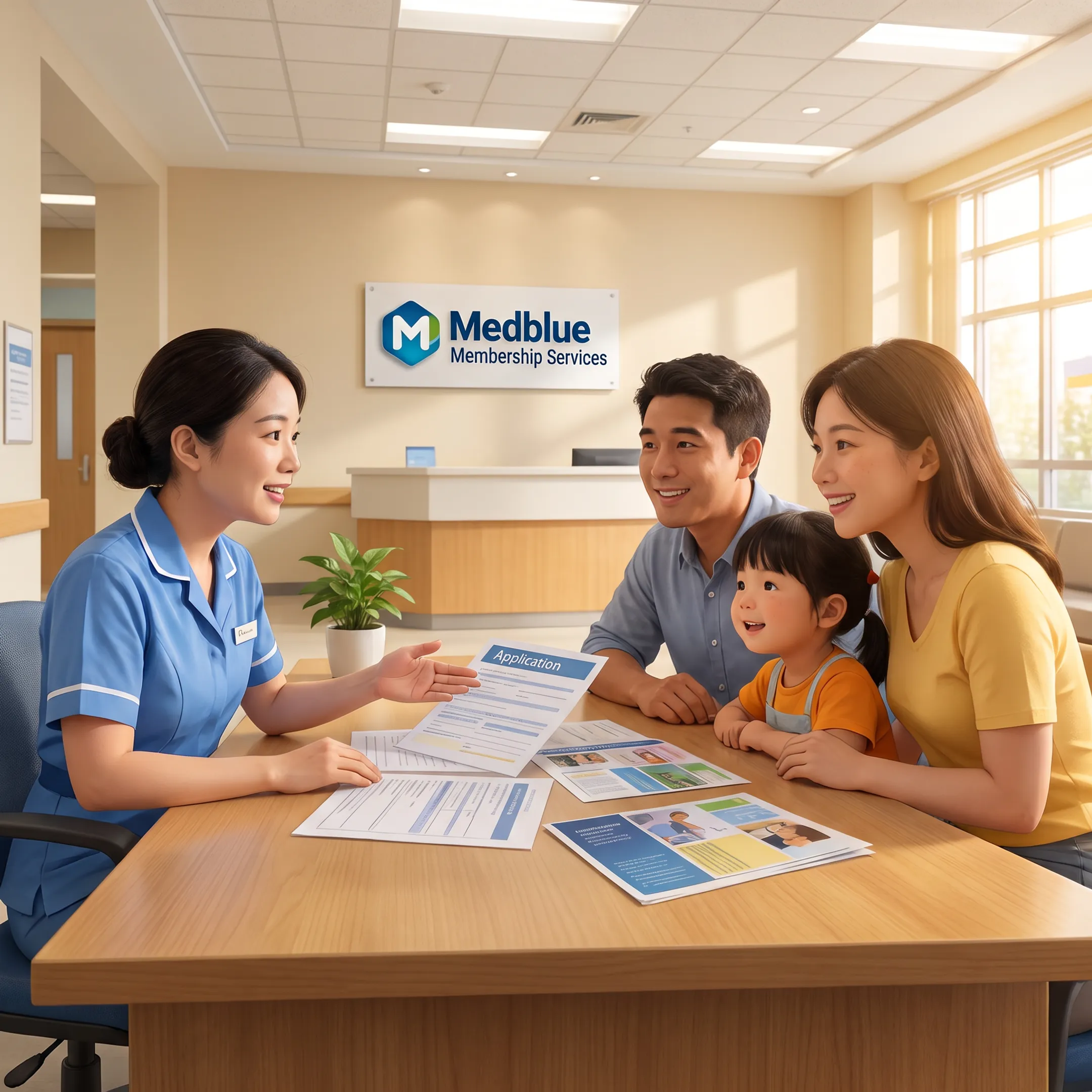 Family reviewing dental membership information with a healthcare representative