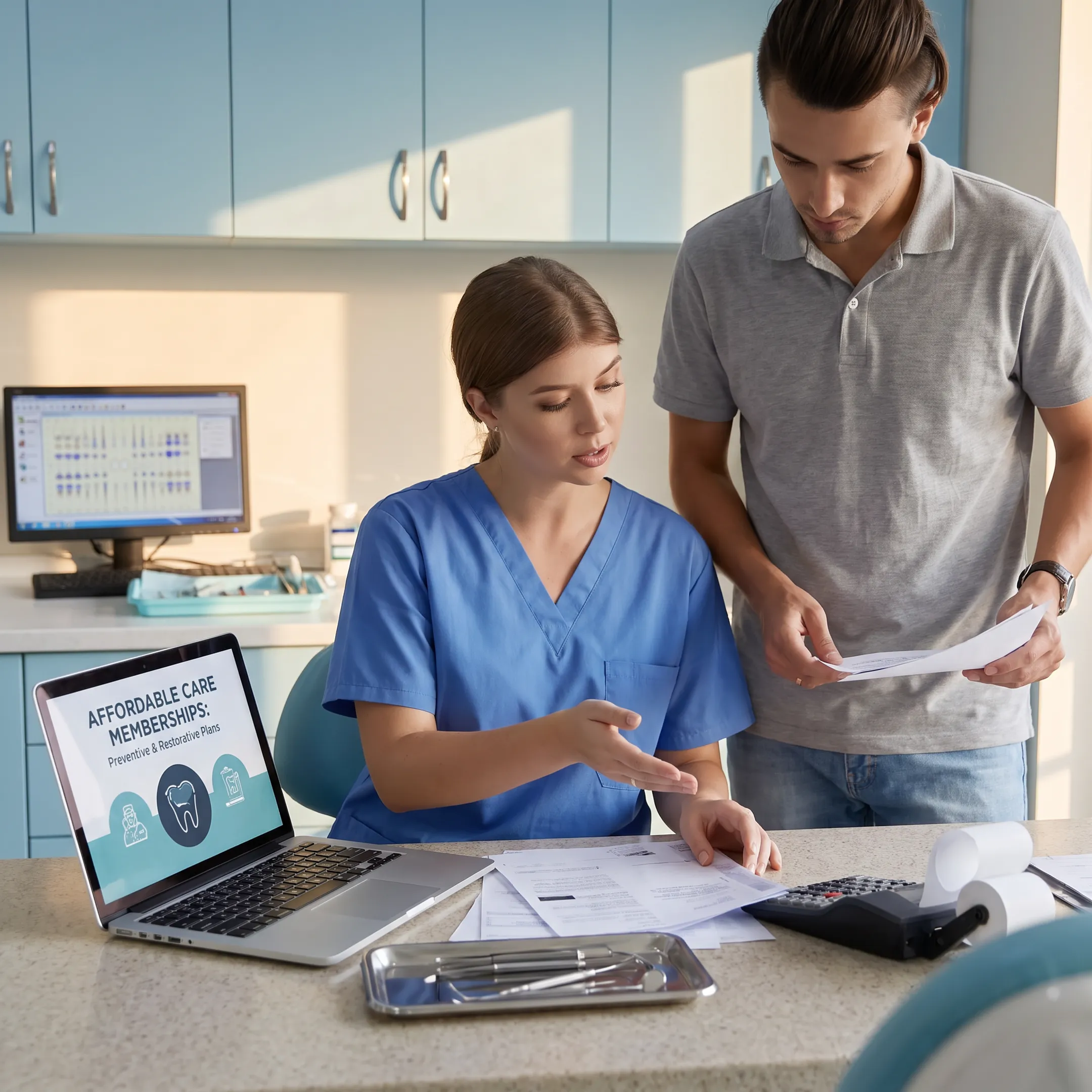 Patient receiving a dental consultation through an affordable healthcare membership program