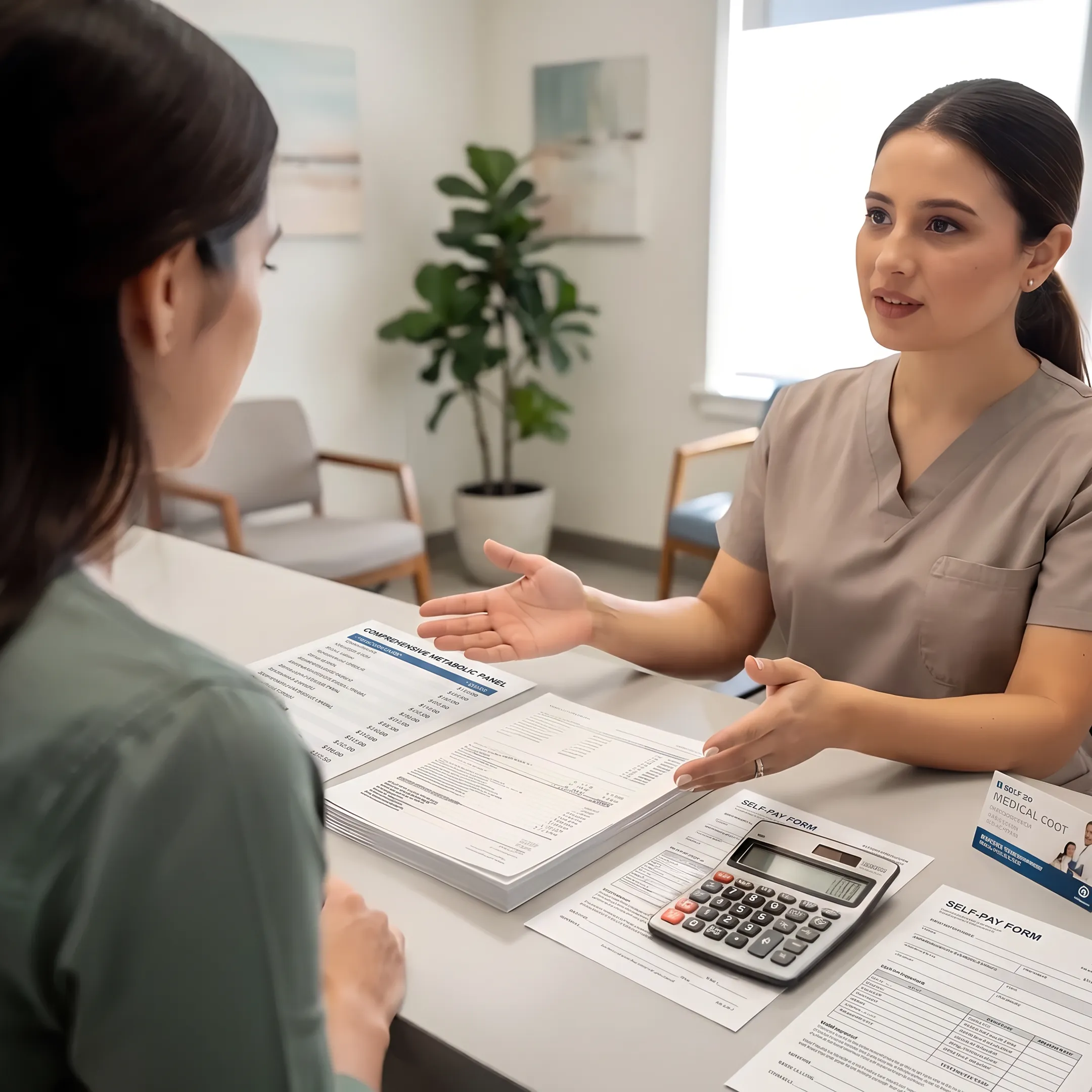 Patient reviewing laboratory testing options and healthcare discount information