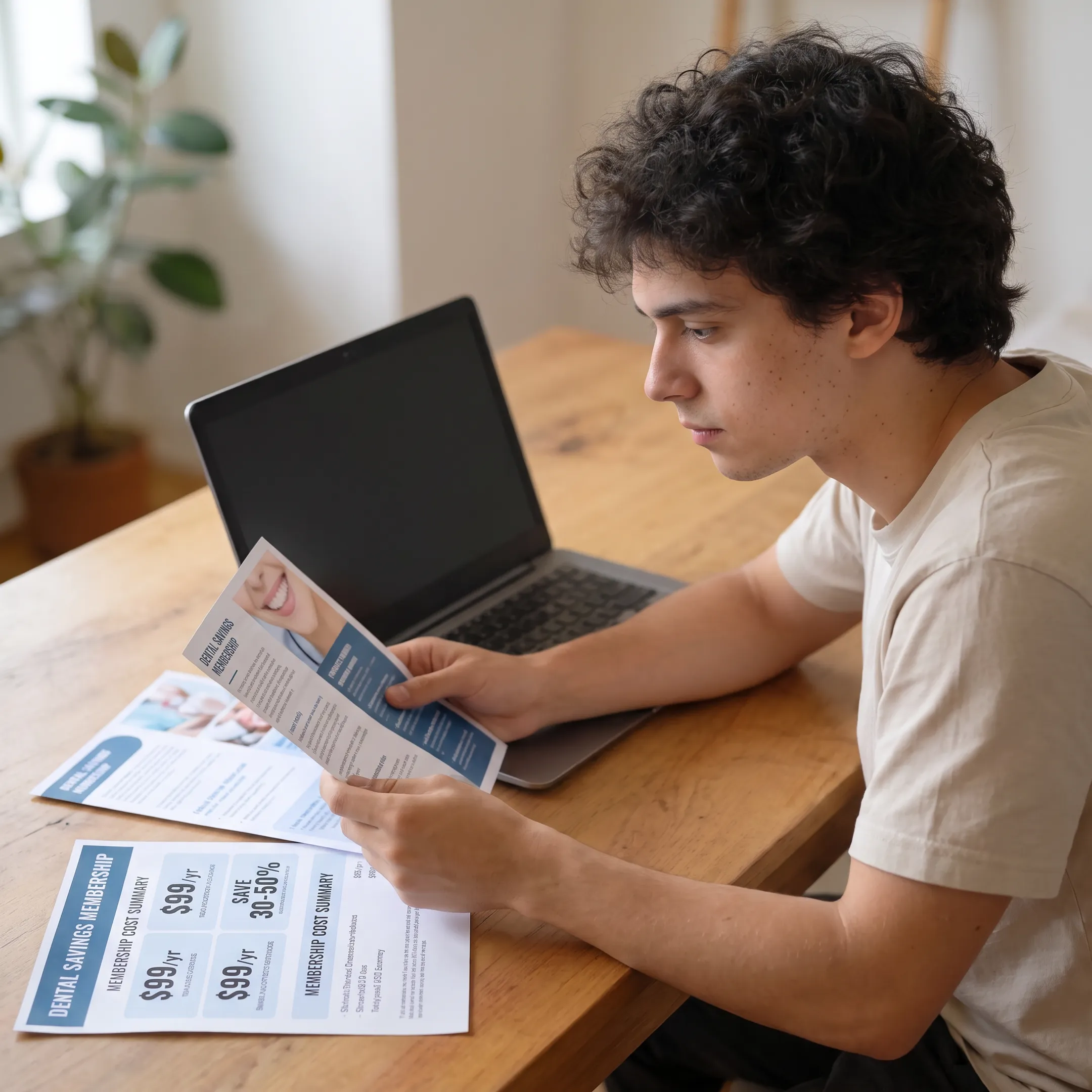 Patient reviewing dental savings and membership information at home