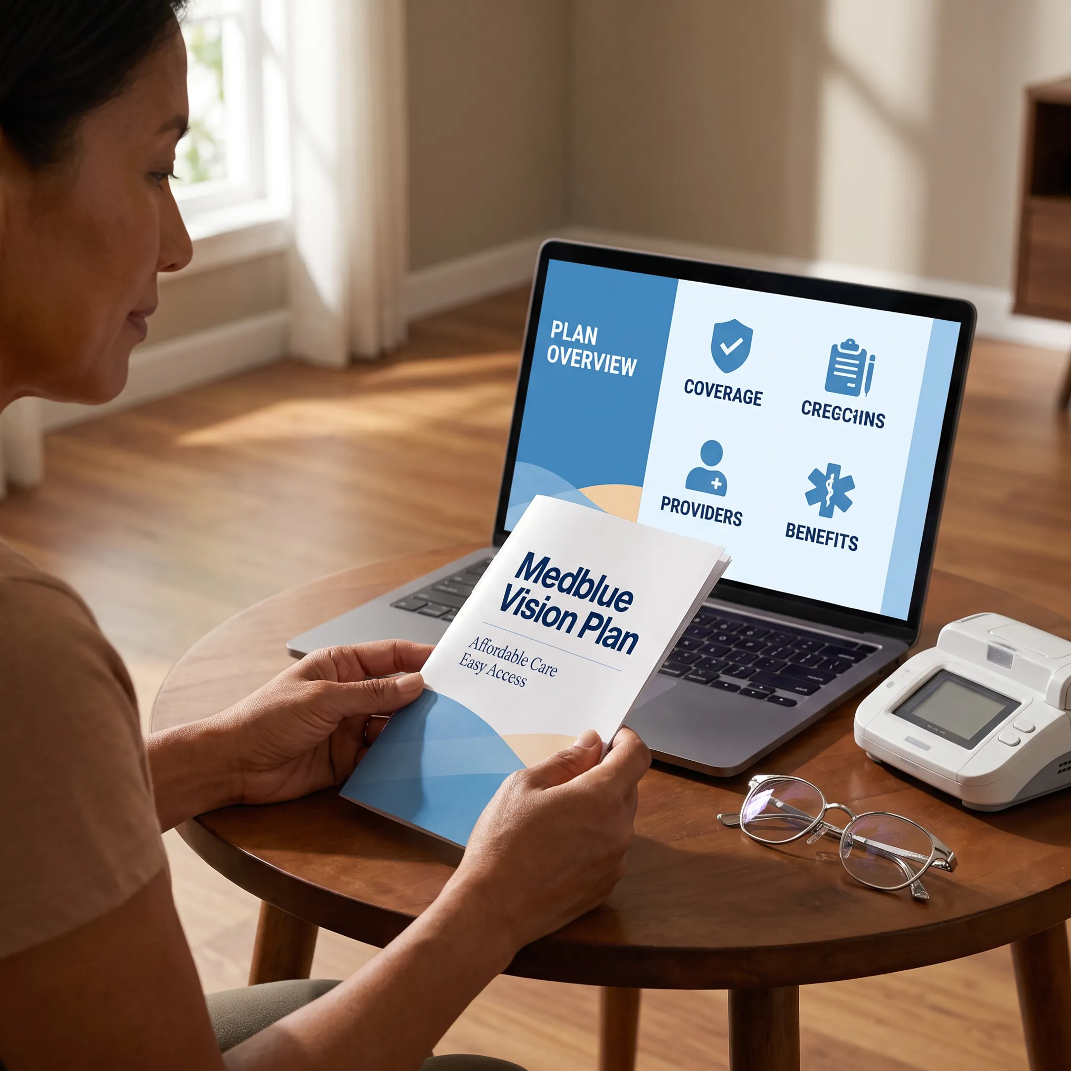 Person reviewing vision discount plan benefits with healthcare information