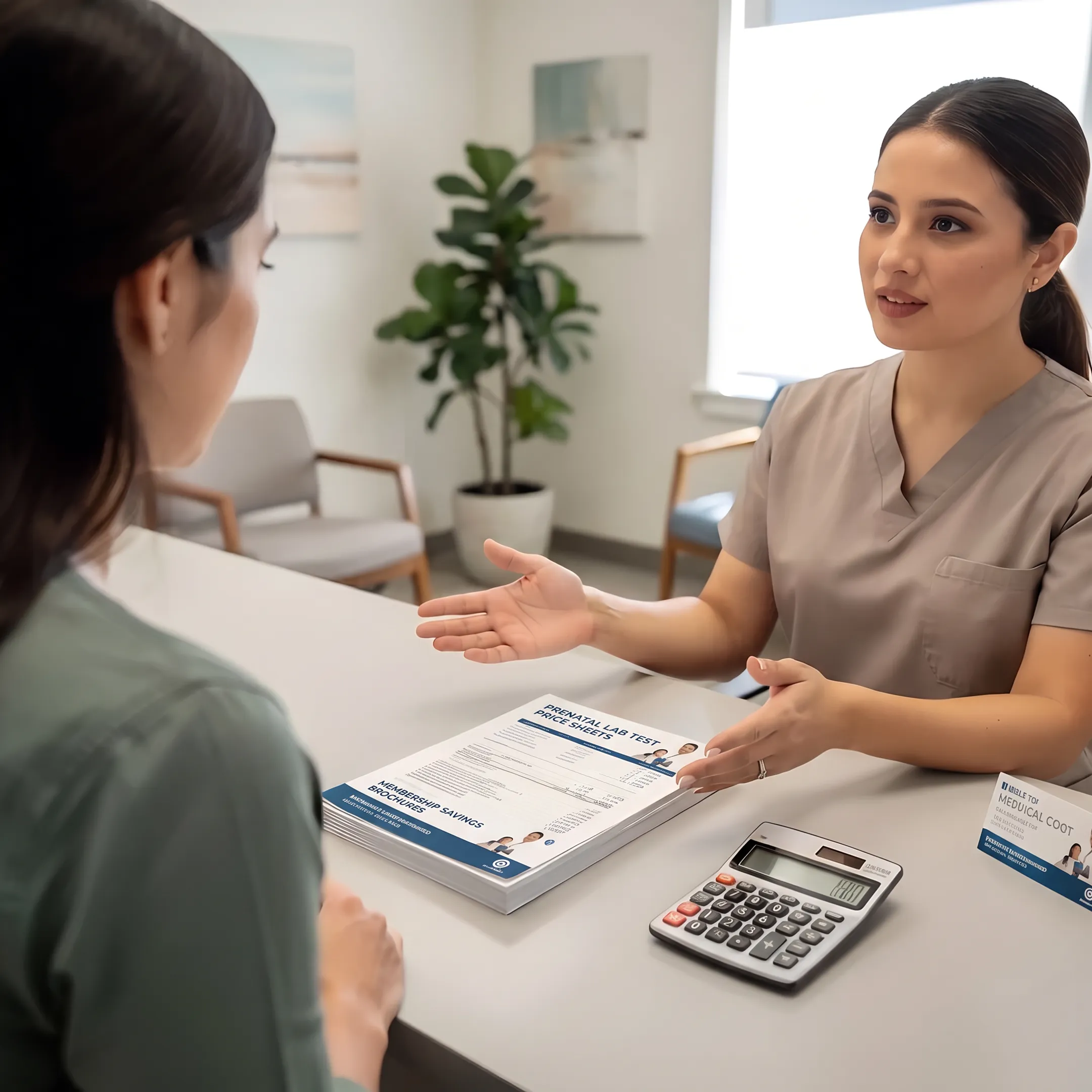 Woman reviewing pregnancy lab testing information with a healthcare advisor
