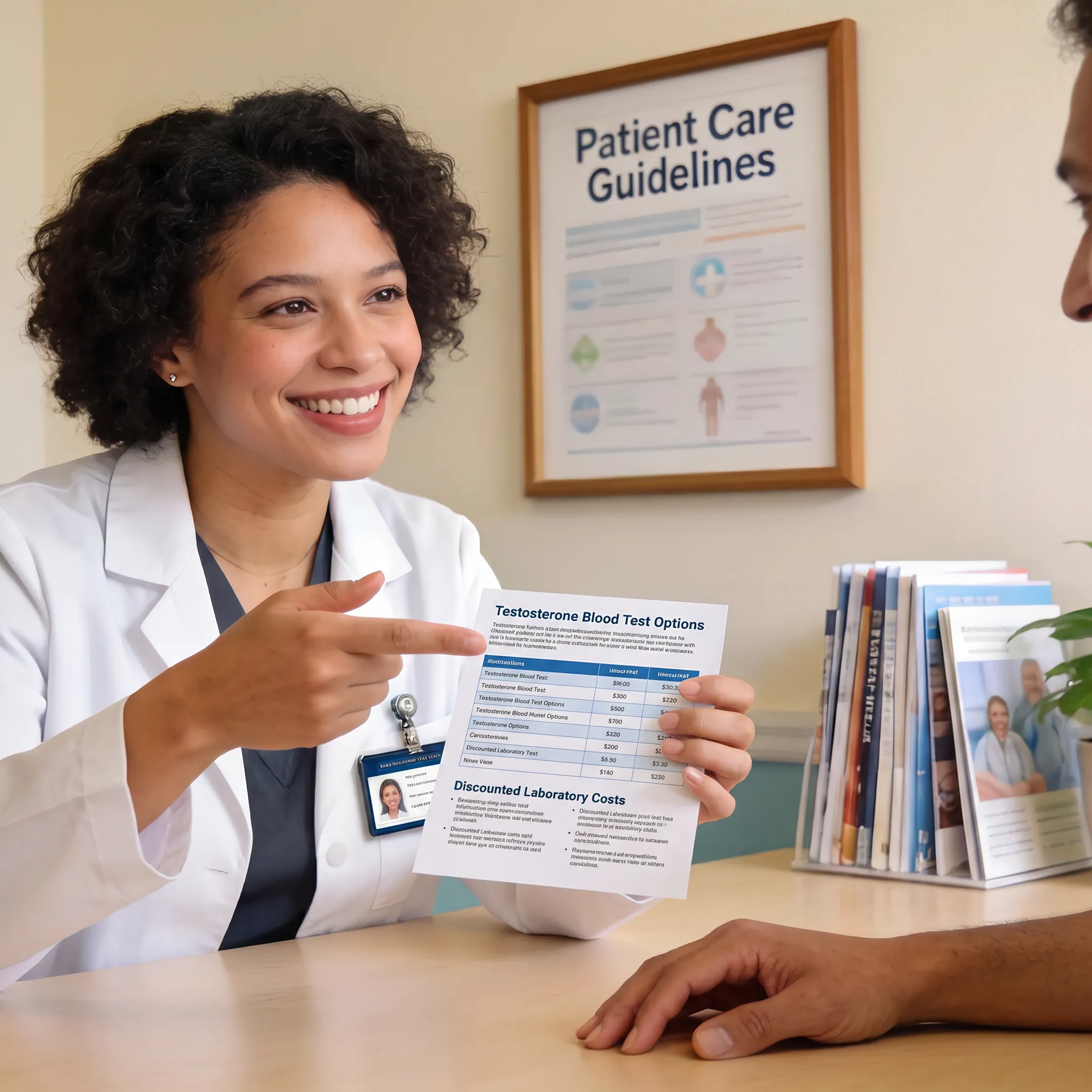 Healthcare professional explaining testosterone lab testing and costs