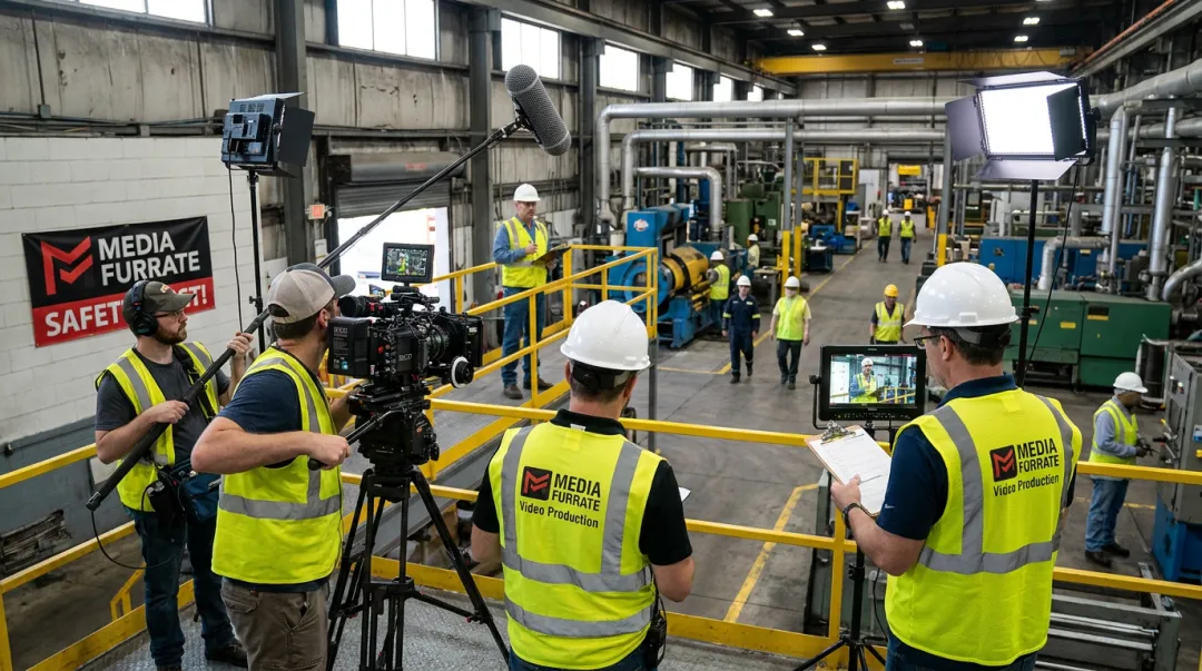Media Furrate video production crew filming industrial safety training on manufacturing floor