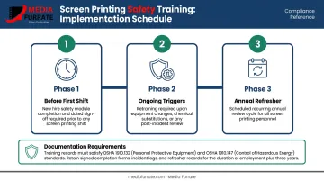 Screen printing safety training implementation timeline from new hire onboarding to annual refresher